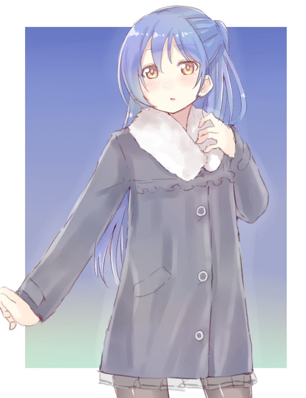1girl, bangs, black_legwear, blue_hair, blush, coat, commentary_request, cowboy_shot