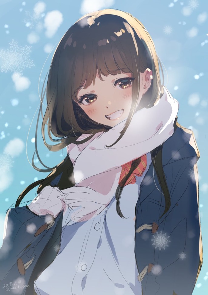1girl, :d, bangs, blue_coat, blush, brown_eyes, brown_hair, coat