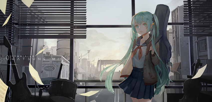 1girl, aqua_eyes, aqua_hair, black_ribbon, blinds, blue_skirt, blue_sky, brown_coat