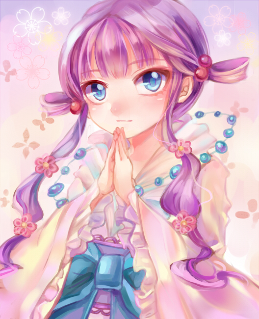 1girl, commentary_request, dress, japanese_clothes, long_hair, looking_at_viewer, princess_rei, purple_hair