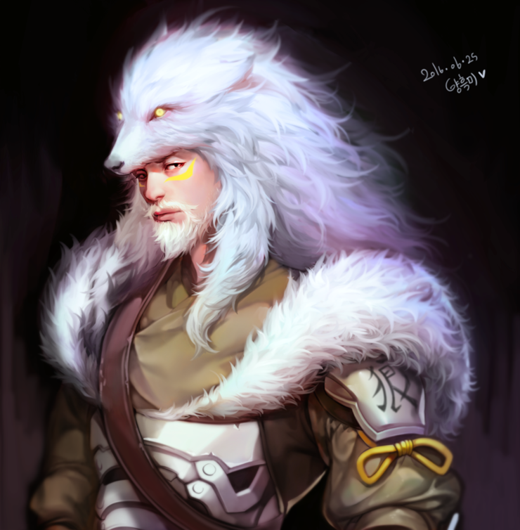 1boy, alternate_costume, beard, dated, facial_hair, facial_mark, fur_trim, hanzo_(overwatch), lone_wolf_hanzo, looking_at_viewer, male_focus, overwatch, simple_background, solo, upper_body, white_hair, wolf_hood, yang_hm