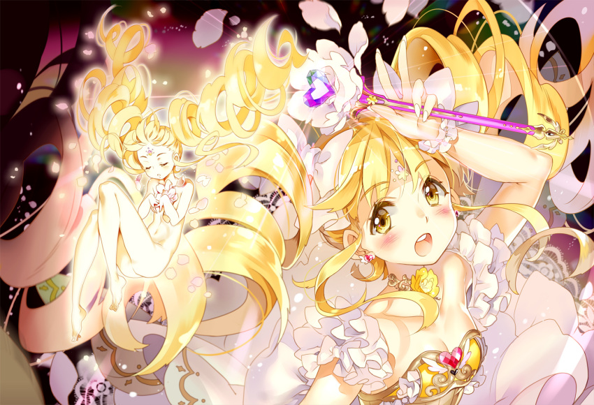 2girls, arm_up, bangs, barefoot, blonde_hair, blush, breasts, brown_dress