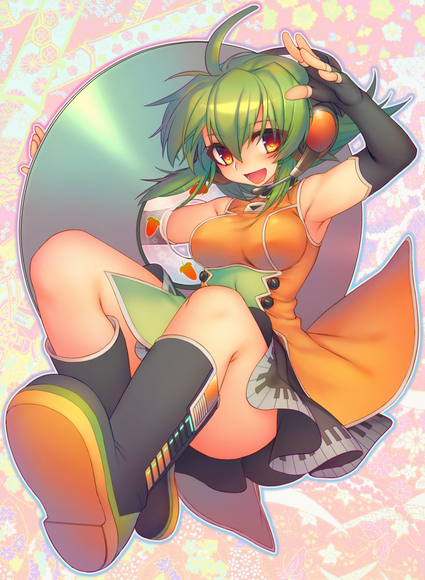 1girl, :d, absurdres, ahoge, bare_shoulders, black_gloves, boots, breasts