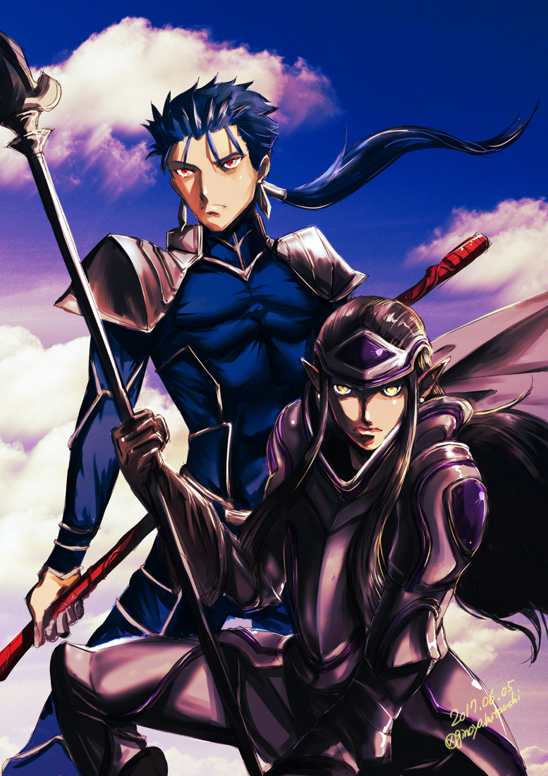 2boys, armor, atlus, black_hair, blue_hair, capcom, cu_chulainn_(fate)_(all), cu_chulainn_(megami_tensei)