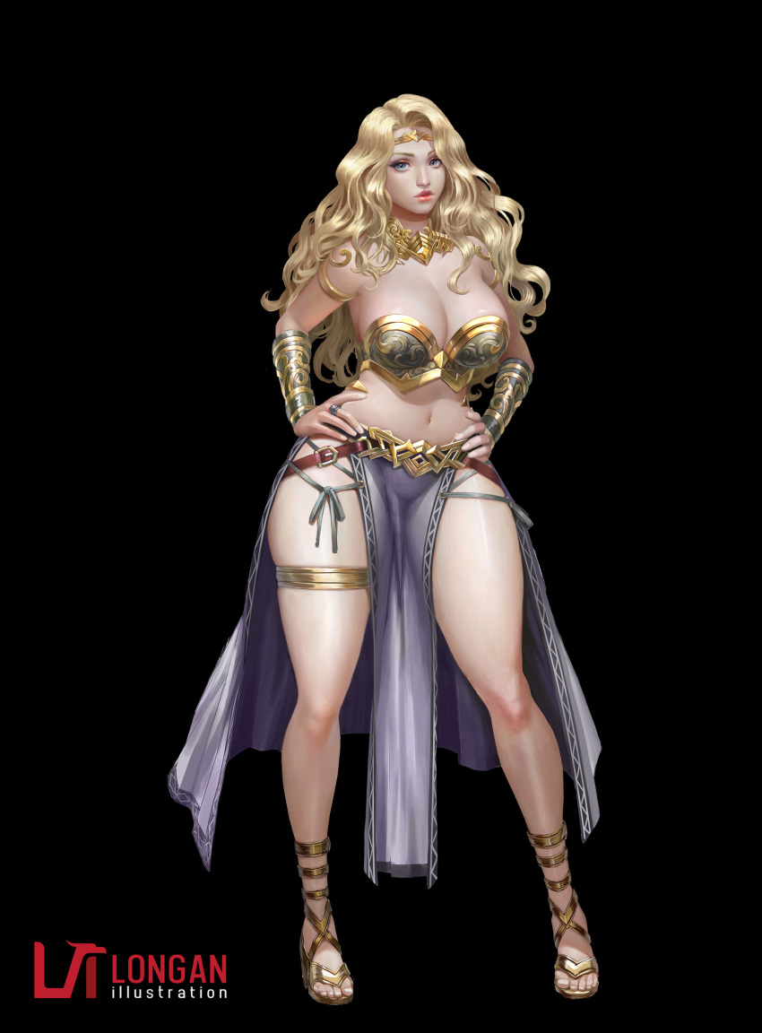 1girl, absurdres, blonde_hair, bracer, breasts, cleavage, curly_hair, eyelashes, full, hands_on_hips, highres, jewelry, large_breasts, legs, lips, long_hair, longan_huynh, looking_at_viewer, navel, necklace, original, ring, skindentation, solo, standing, stomach, thick_thighs, thighs, toes, wavy_hair, wide_hips