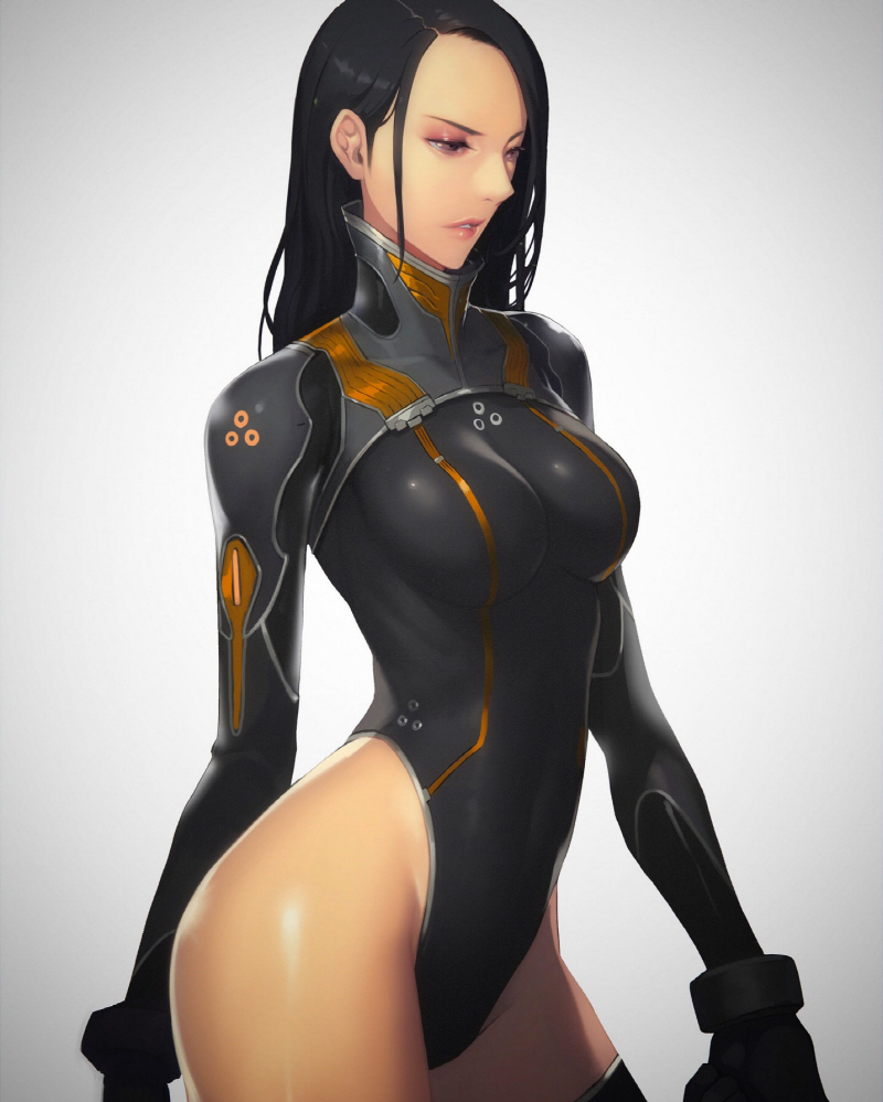 1girl, black_hair, black_leotard, bodysuit, breasts, from_side, highleg, highleg_leotard