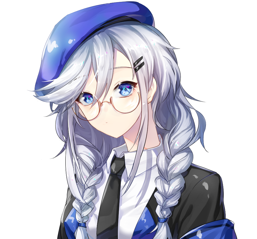 1girl, armband, beret, blue_eyes, braid, expressionless, girls_frontline, glasses, gwingwin, hair_ornament, hairclip, hat, long_hair, looking_at_viewer, low_twintails, necktie, seele_(girls_frontline), silver_hair, simple_background, twintails