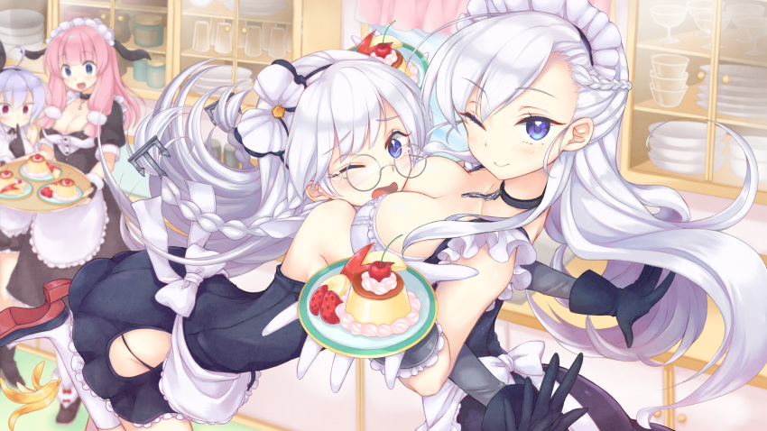 4girls, ahoge, anchor_hair_ornament, apple_slice, apron, azur_lane, belfast_(azur_lane), between_breasts