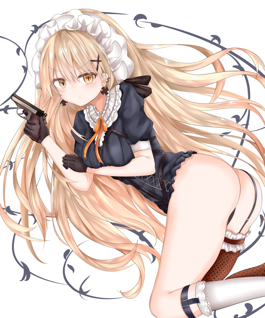 1girl, absurdres, ass, asymmetrical_legwear, black_gloves, black_panties, blonde_hair, blush, bow, breasts, closed_mouth, dress, earrings, frills, garter_straps, girls_frontline, gloves, gun, hair_ornament, hairclip, highres, holding, holding_gun, holding_weapon, jewelry, lace-trimmed_legwear, long_hair, looking_at_viewer, maid_headdress, medium_breasts, mismatched_legwear, multiple_earrings, orange_bow, panties, ppk_(girls_frontline), ribbon, ru_zhai, single_thighhigh, skirt, skirt_removed, solo, spotted_legwear, strap, symbol-shaped_pupils, thigh-highs, thighs, underwear, weapon, white_legwear, yellow_eyes