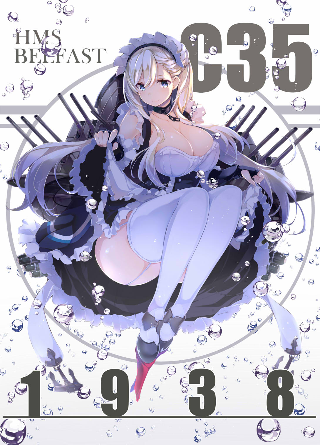 1938, 1girl, air_bubble, azur_lane, belfast_(azur_lane), black_gloves, blonde_hair, blue_eyes, breasts, bubble, chains, character_name, cleavage, closed_mouth, collar, collarbone, dress, dress_lift, fingerless_gloves, garter_straps, gloves, highres, kurokawa_izumi, large_breasts, long_hair, looking_at_viewer, machinery, maid_headdress, number, shoes, sitting, smile, solo, thigh-highs, very_long_hair, white_background, white_legwear