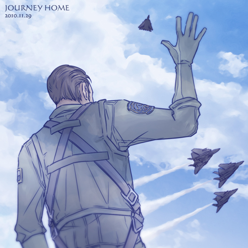 1boy, a-chako, ace_combat, ace_combat_5, aircraft, airplane, alvin_h_davenport, belt, blue_sky, brown_hair, clouds, cloudy_sky, f-14_tomcat, facial_hair, fighter_jet, gloves, jet, long_sleeves, lowres, military, military_uniform, military_vehicle, pilot, pilot_suit, sky, uniform, waving, waving_arm
