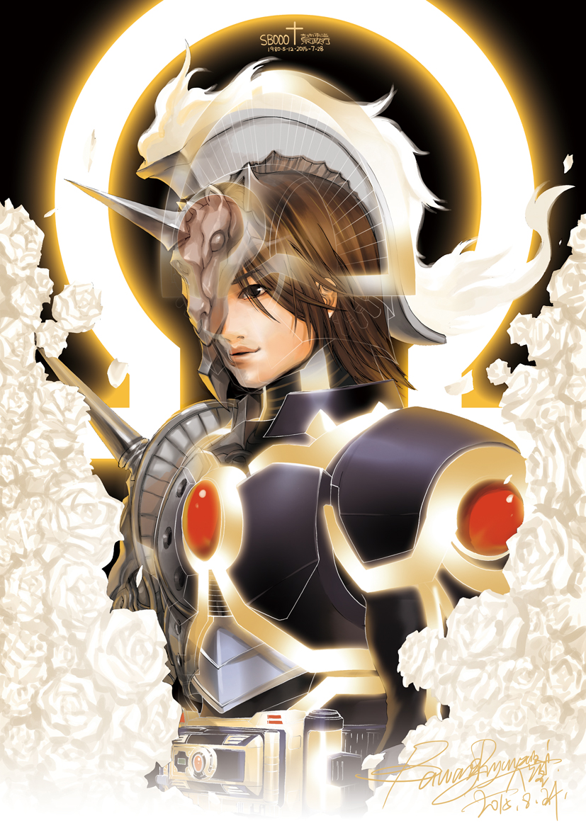 1boy, armor, bawang-ryuuzaki, belt, black_background, black_eyes, brown_hair, commentary, flower, helmet, henshin, horse_orphnoch, kamen_rider, kamen_rider_555, kamen_rider_orga, kiba_yuji, lips, long_hair, male_focus, omega_symbol, power_armor, rose, solo, transformation, upper_body, white_flower, white_rose
