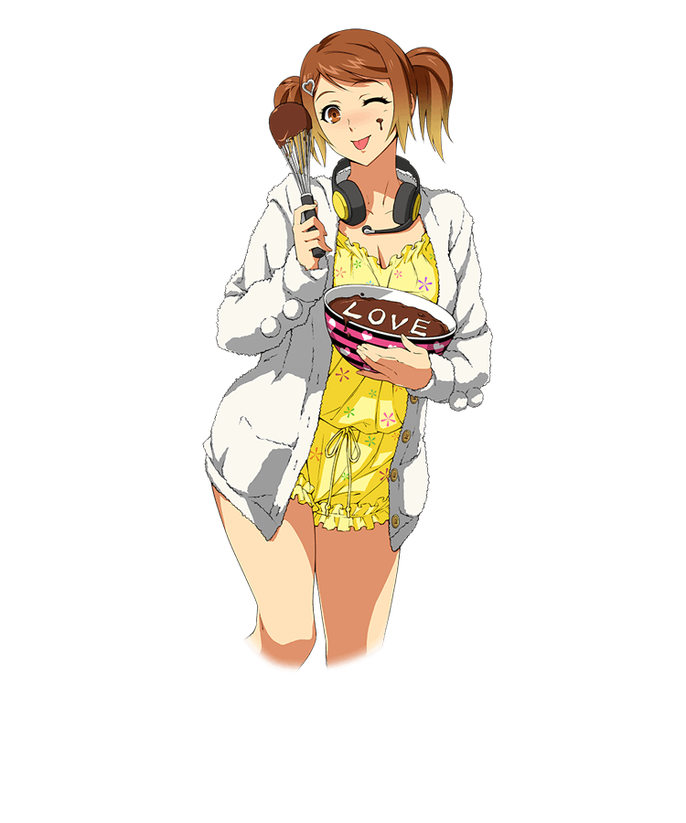 1girl, blush, bowl, brown_eyes, brown_hair, coat, hair_ornament, headphones