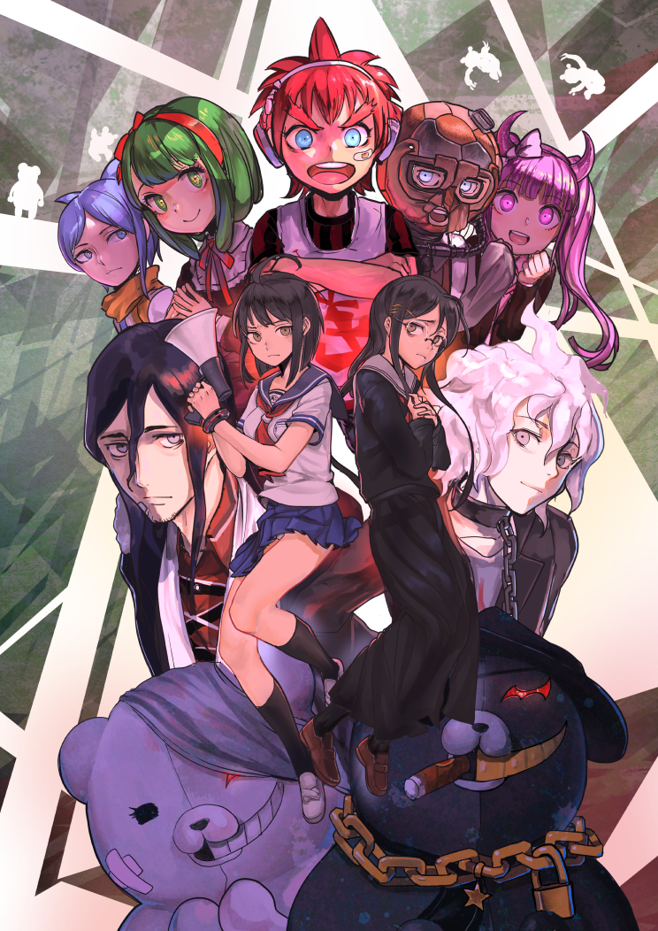 4boys, 5girls, ahoge, blue_eyes, blue_hair, braid, brown_hair, daimon_masaru_(dangan_ronpa)