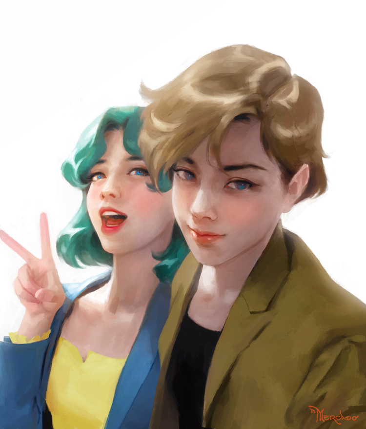 2girls, aqua_hair, arm_up, artist_name, bishoujo_senshi_sailor_moon, black_shirt, blue_eyes, blue_jacket