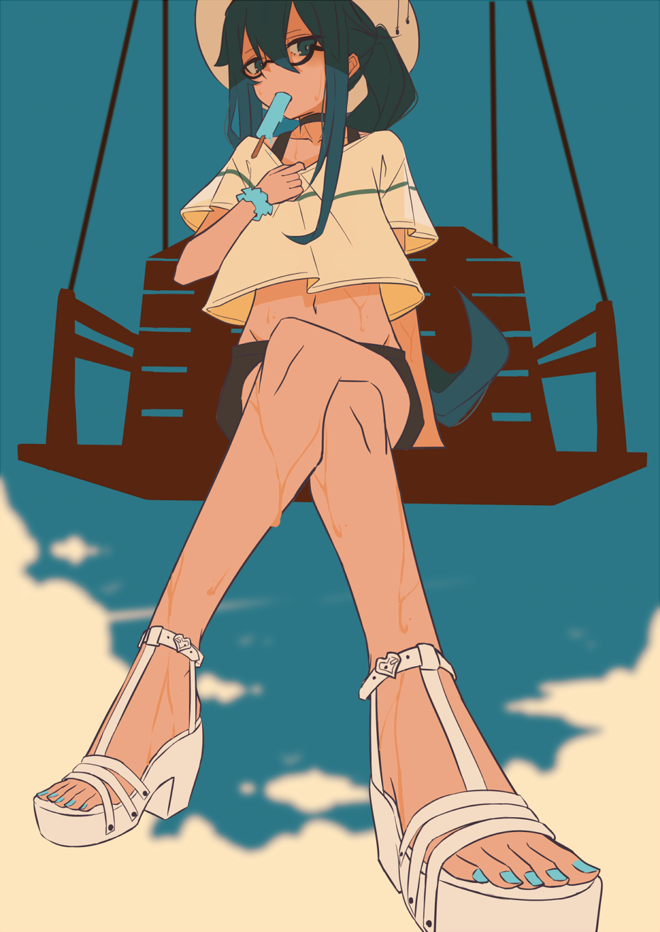 1boy, aie, aqua_eyes, aqua_hair, feet, food, full_body, glasses, hat, high_heels, highres, legs, legs_crossed, long_hair, looking_at_viewer, midriff, nail_polish, navel, original, patio_swing, ponytail, popsicle, sandals, scrunchie, sidelocks, sitting, summer, sun_hat, sweat, toenail_polish, toes, trap