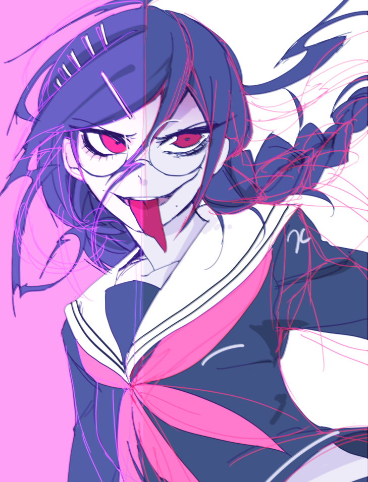 1girl, black_hair, chiyo_(min0yoko), dangan_ronpa, dangan_ronpa_1, genocider_shou, glasses, hair_ornament