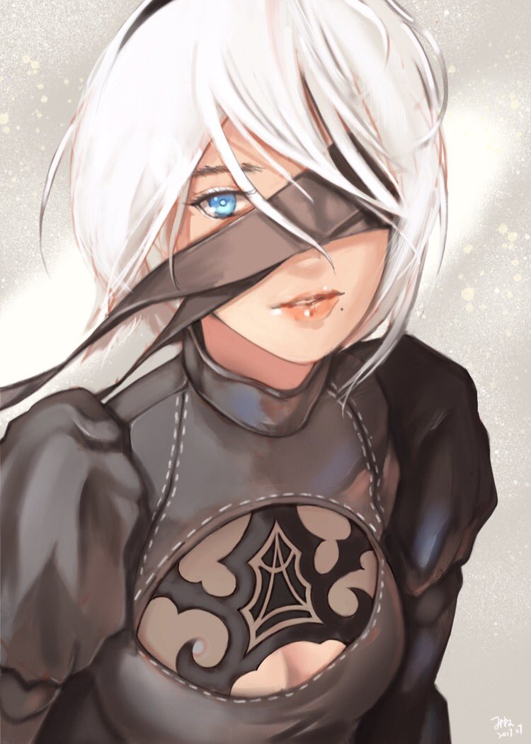 1girl, bangs, black_blindfold, black_hair, black_hairband, blindfold_pull, blue_eyes, breast_cutout