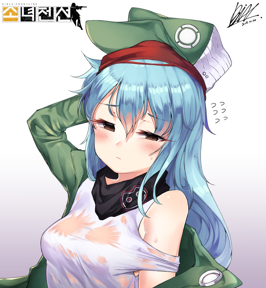 1girl, 2018, arm_up, bare_shoulders, bil-ajeossi, blue_hair, blush, breasts