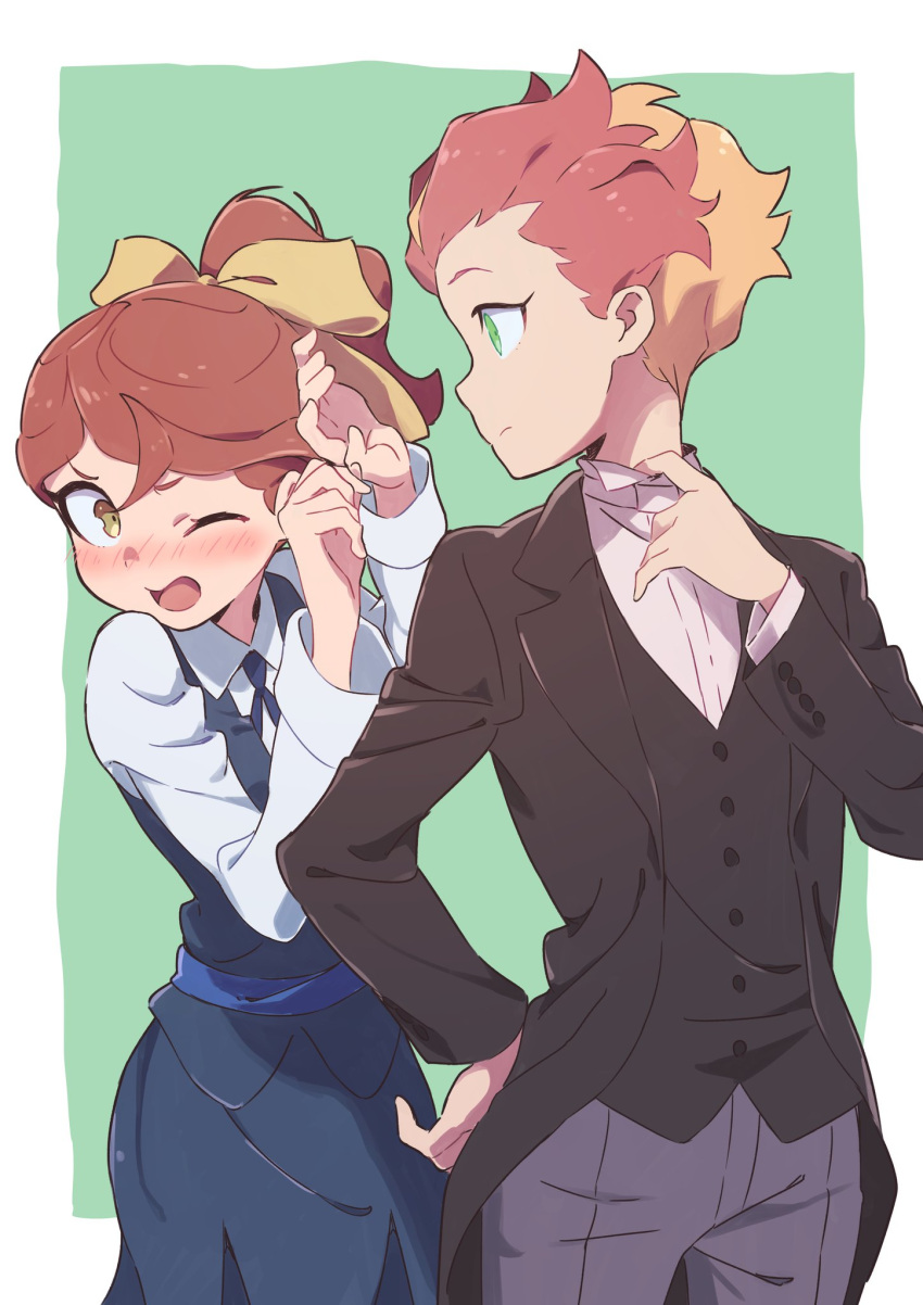 1boy, 1girl, amanda_o'neill, black_coat, black_vest, blue_neckwear, blue_ribbon, blue_skirt, blue_vest, blush, closed_mouth, coat, collared_shirt, commentary_request, formal, green_background, green_eyes, hand_on_hip, hands_up, hanna_england, highres, little_witch_academia, long_sleeves, multicolored_hair, neck_ribbon, nose_blush, one_eye_closed, open_mouth, orange_hair, pants, purple_pants, redhead, ribbon, shirt, simple_background, skirt, standing, suit, tama, vest, white_shirt, wing_collar, yellow_eyes