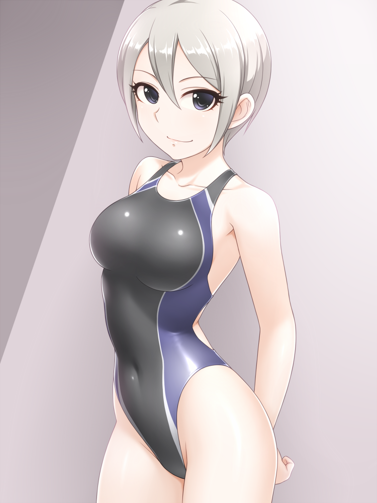 1girl, arms_behind_back, black_eyes, black_swimsuit, breasts, collarbone, competition_swimsuit, covered_navel