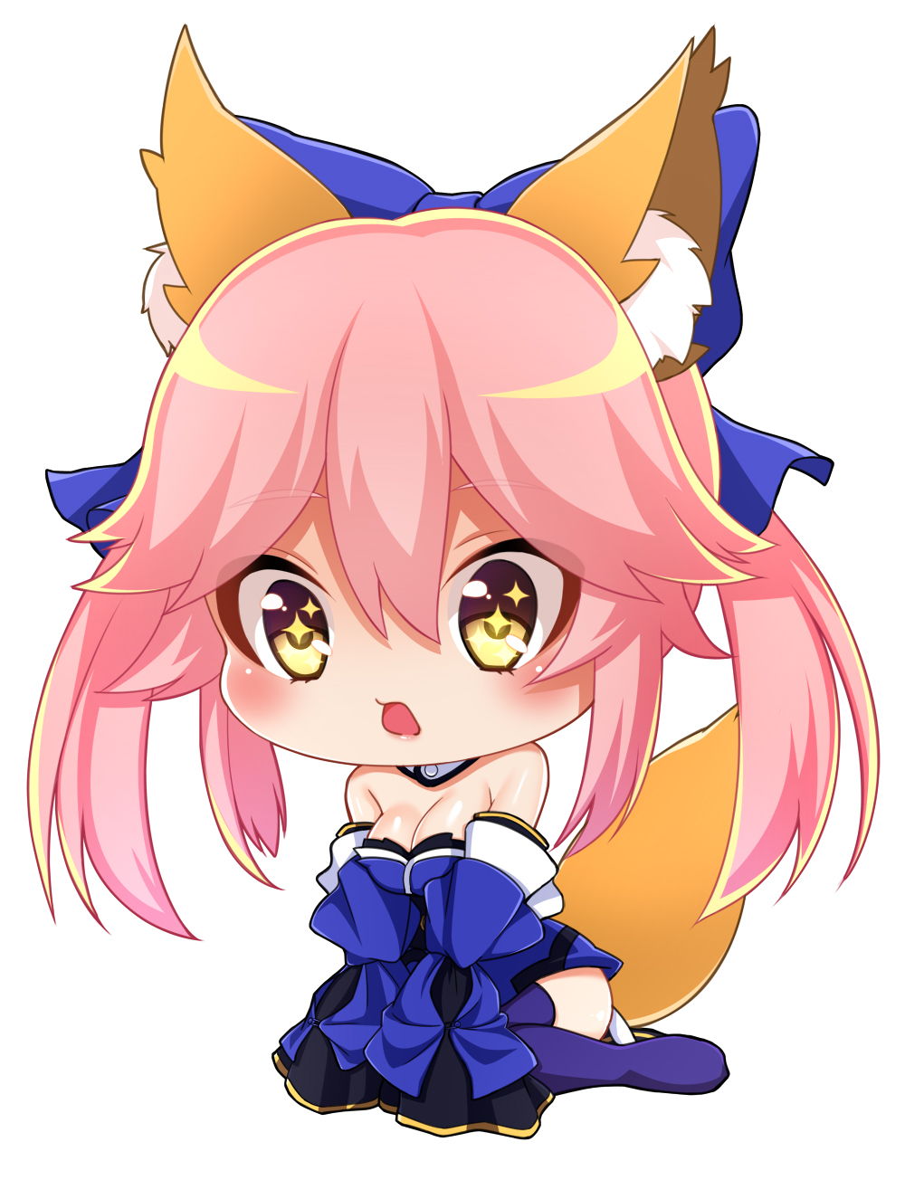 1girl, animal_ears, bare_shoulders, blue_legwear, blush, breasts, chibi, cleavage