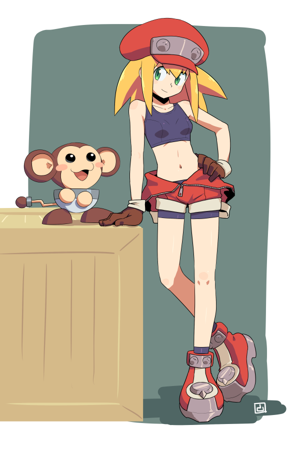 1girl, bare_arms, bike_shorts, blonde_hair, blush_stickers, box, breasts, brown_gloves, cabbie_hat, crop_top, full_body, gloves, green_eyes, hand_on_hip, hat, looking_to_the_side, midriff, monkey, muu_(mumumer), navel, rockman, rockman_dash, roll_caskett, simple_background, small_breasts, smile, standing, stomach, unzipped, white_background
