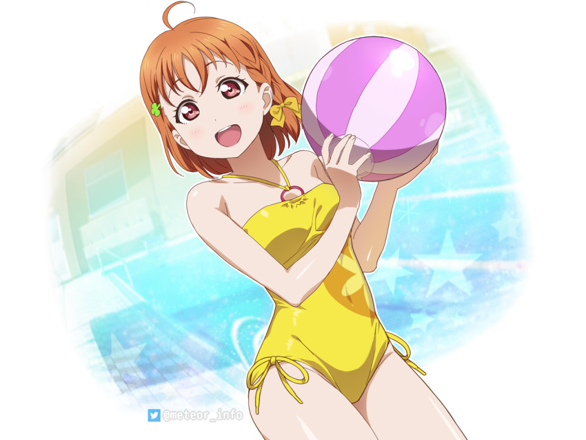 1girl, ahoge, ball, beachball, braid, cowboy_shot, dutch_angle, hair_ornament