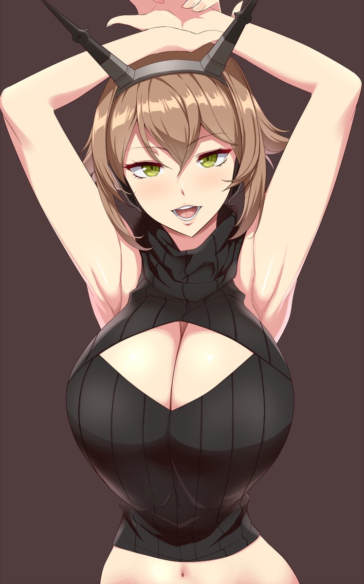1girl, armpits, bangs, black_sweater, blush, breasts, brown_background, brown_hair