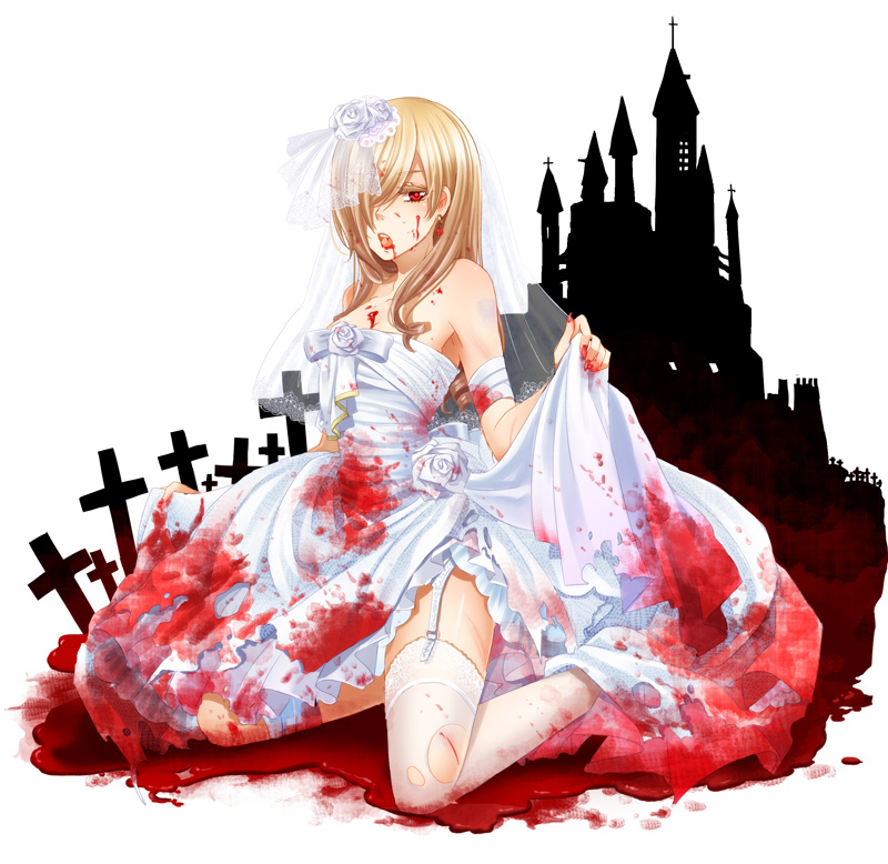 1girl, alte_rose, alternate_costume, bandage, blonde_hair, blood, blood_on_face, blood_stain, bloody_clothes, bloody_dress, commentary_request, dress, earrings, flower, full_body, garter_straps, hair_over_one_eye, halloween, iwashiro_byou, jewelry, long_hair, looking_at_viewer, marchen, nail_polish, red_eyes, red_nails, rose, solo, sound_horizon, thigh-highs, torn_clothes, white_dress, white_flower, white_rose