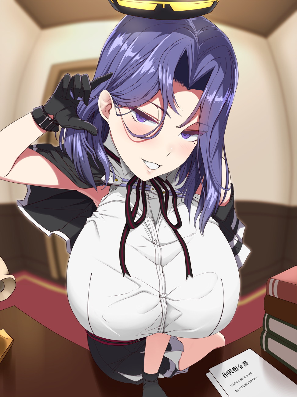 1girl, breasts, desk, fisheye, grin, highres, huge_breasts, kantai_collection