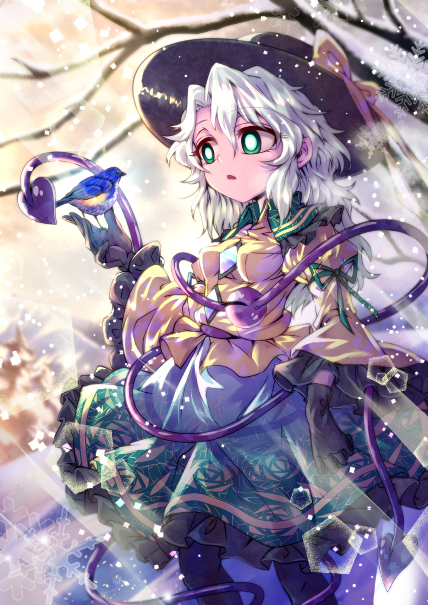 1girl, bird, black_gloves, black_hat, black_legwear, bow, breasts, bright_pupils
