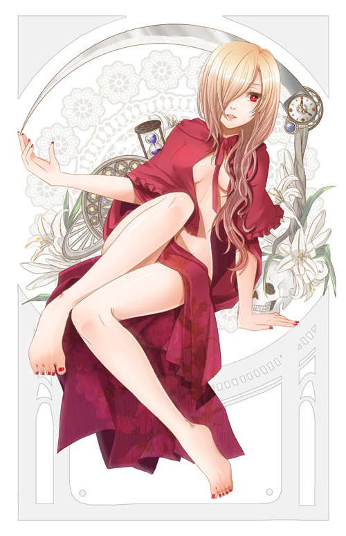 1girl, alte_rose, barefoot, blonde_hair, breasts, cloak, commentary_request, earrings, full_body, hair_over_one_eye, iwashiro_byou, jewelry, long_hair, looking_at_viewer, marchen, nail_polish, red_eyes, red_nails, sideboob, solo, sound_horizon
