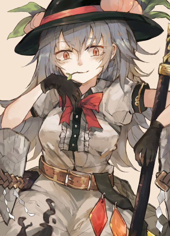 1girl, beige_background, belt, black_gloves, black_hat, blue_hair, bow, bowtie