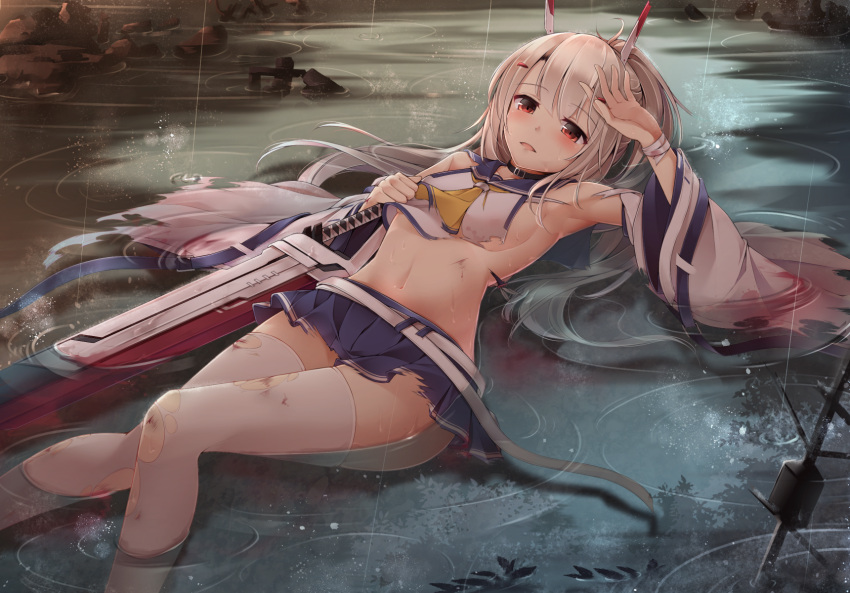 1girl, arm_up, armpits, ayanami_(azur_lane), azur_lane, bare_shoulders, blue_skirt, breasts, brown_hair, commentary_request, crop_top, day, detached_sleeves, floating_hair, high_ponytail, highres, holding, holding_weapon, long_hair, long_sleeves, looking_at_viewer, medium_breasts, midriff, navel, outdoors, parted_lips, pleated_skirt, ponytail, rain, red_eyes, school_uniform, serafuku, shirt, skirt, sleeveless, sleeveless_shirt, solo, sword, thigh-highs, torn_clothes, torn_shirt, torn_thighhighs, toyosaki_shu, water, weapon, white_belt, white_legwear, white_shirt, wide_sleeves