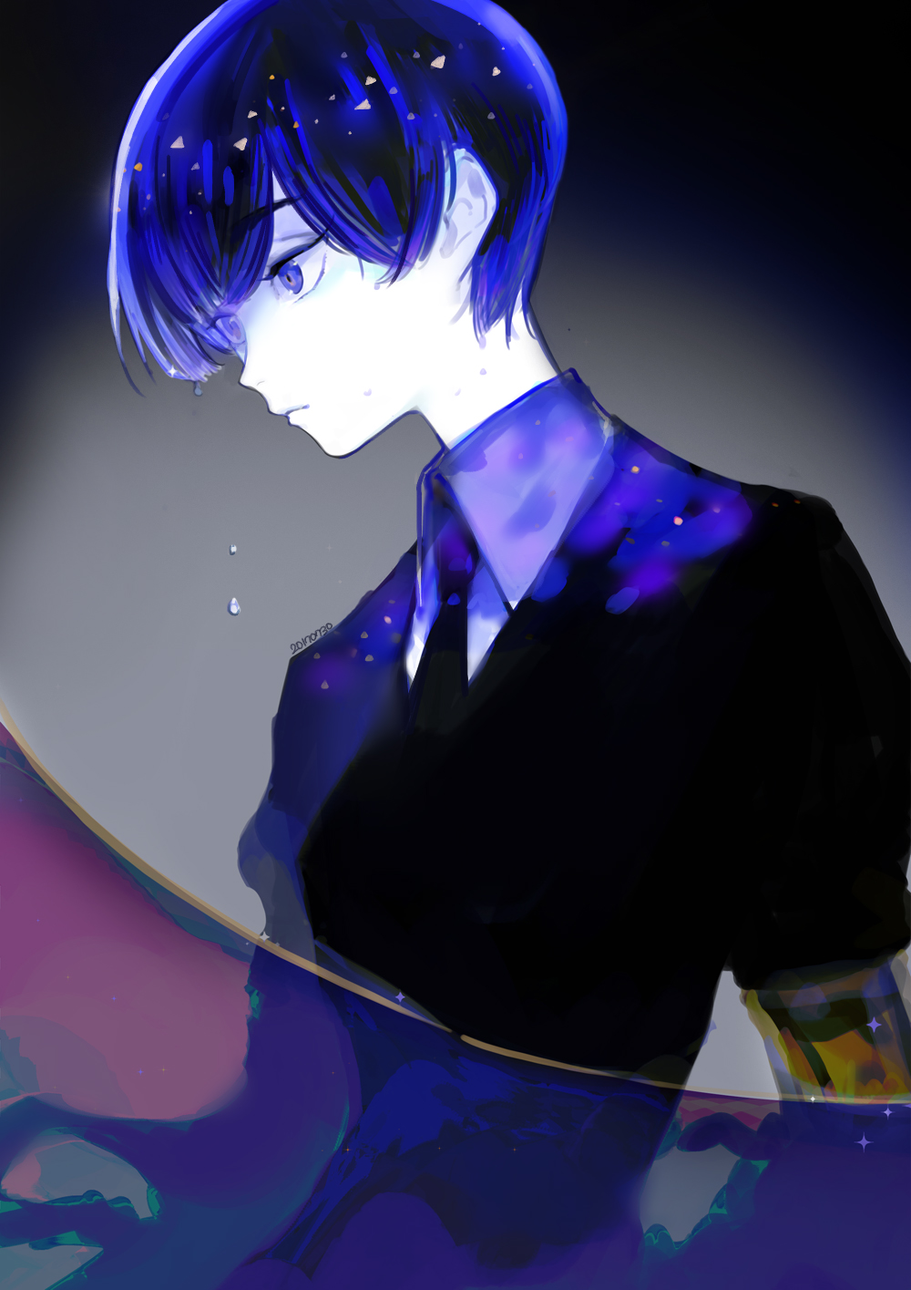 androgynous, blue_eyes, blue_hair, gem_uniform_(houseki_no_kuni), golden_arms, highres, houseki_no_kuni, necktie, phosphophyllite, phosphophyllite_(ll), saharan, short_hair, solo, spoilers