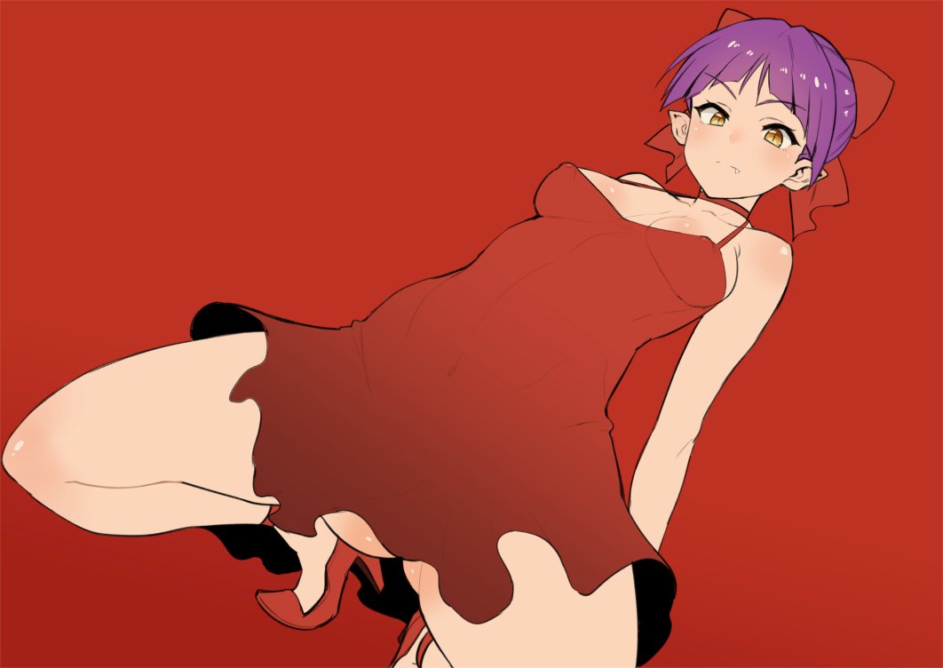 bare_shoulders, dress, fang, gegege_no_kitarou, high_heels, looking_at_viewer, looking_down, nekomusume