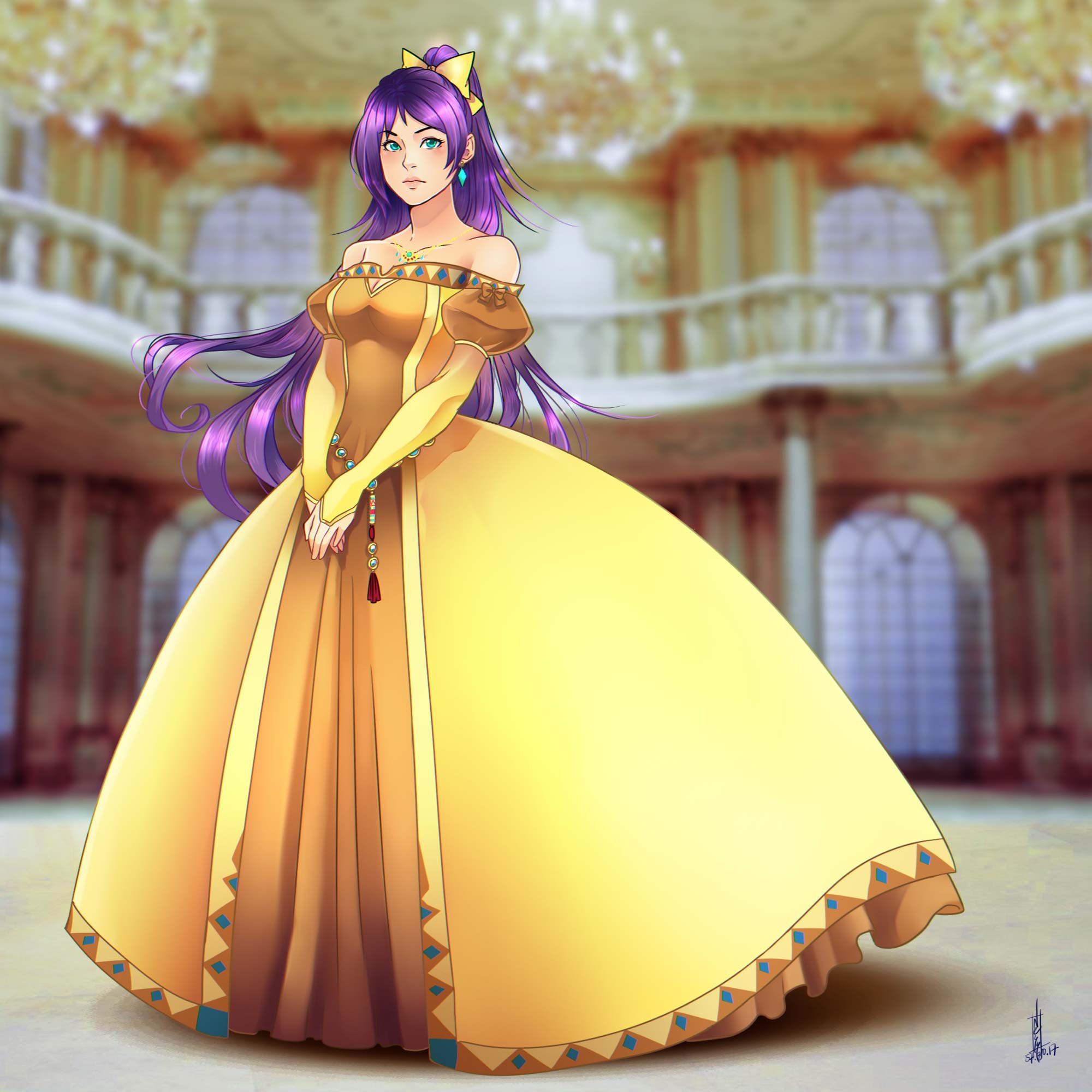 1girl, aqua_eyes, bare_shoulders, blue_eyes, blurry, blurry_background, bow, closed_mouth, dress, faris_scherwiz, final_fantasy, final_fantasy_v, full_body, gown, hair_bow, high_ponytail, highres, jewelry, long_hair, necklace, ponytail, princess, princesssarisa, sarisa_highwind_tycoon, signature, solo, v_arms, very_long_hair, yellow_bow, yellow_dress