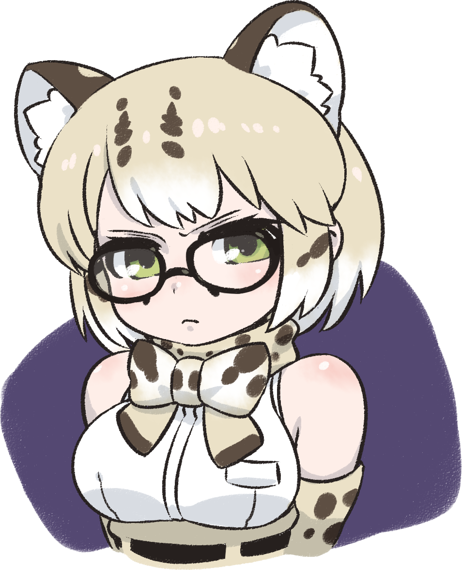 1girl, animal_ears, bare_shoulders, bow, bowtie, breast_pocket, cat_ears, frown