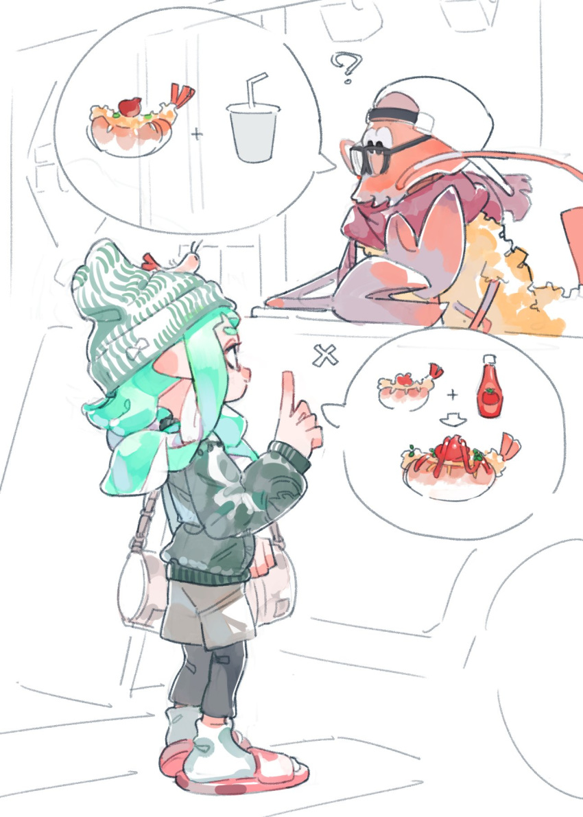 1boy, 1girl, ?, aqua_hair, aspara, backwards_hat, bag, beanie