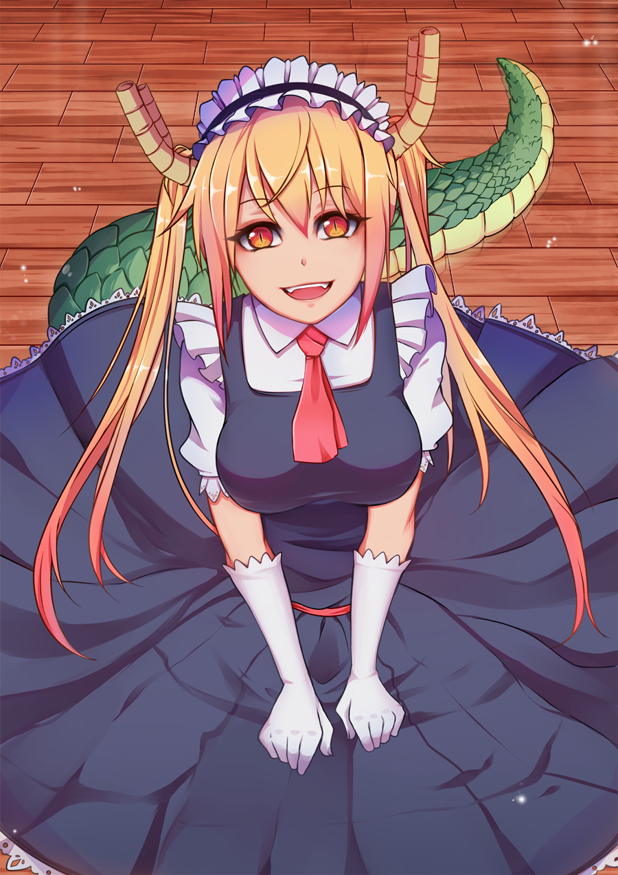 1girl, breasts, dragon, dragon_girl, dragon_horns, dragon_tail, dress, eyebrows_visible_through_hair, gloves, gradient_hair, heikky, highres, horns, kobayashi-san_chi_no_maidragon, long_hair, looking_at_viewer, maid, maid_headdress, monster_girl, multicolored_hair, necktie, open_mouth, orange_eyes, orange_hair, puffy_short_sleeves, puffy_sleeves, red_neckwear, scales, short_sleeves, slit_pupils, smile, solo, tagme, tail, tooru_(maidragon), twintails, white_gloves