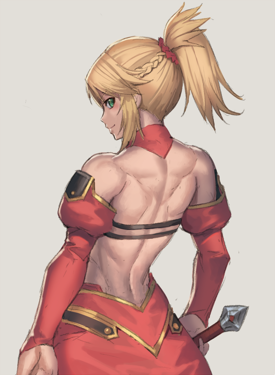 1girl, bare_back, blonde_hair, braid, commentary_request, detached_sleeves, eyebrows_visible_through_hair, fate/grand_order