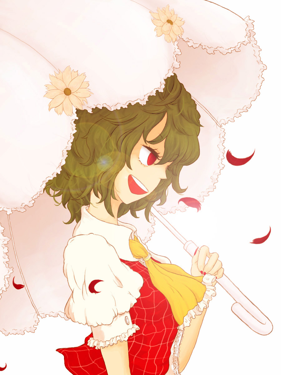 bust, green_hair, highres, kazami_yuuka, open_mouth, parasol, petals, plaid_vest