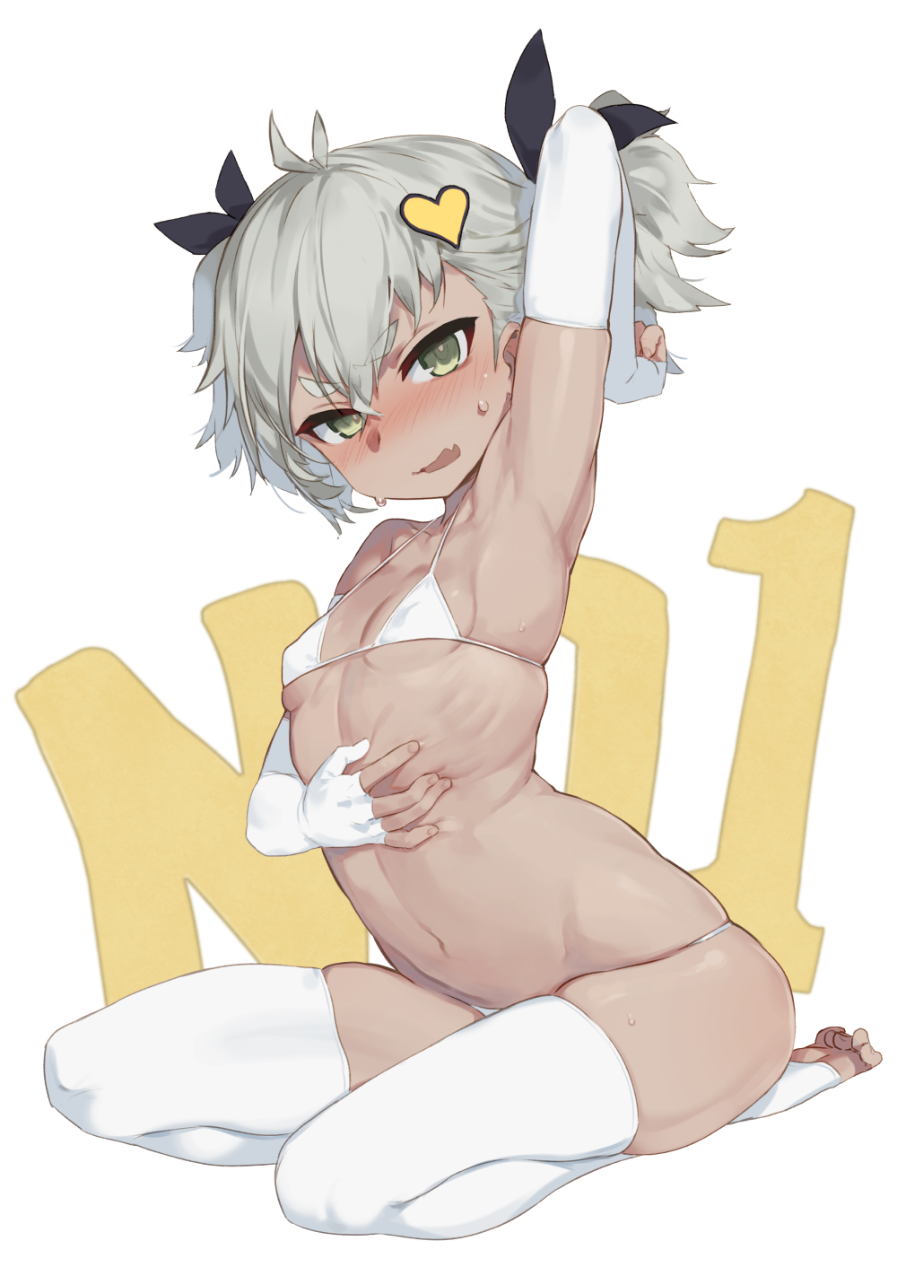 1girl, arm_up, armpits, bikini, blush, breasts, bright_pupils, dark_skin