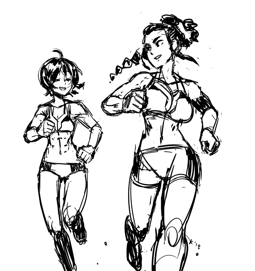 2girls, abs, ahoge, bike_shorts, braid, buruma, devilman, devilman_crybaby