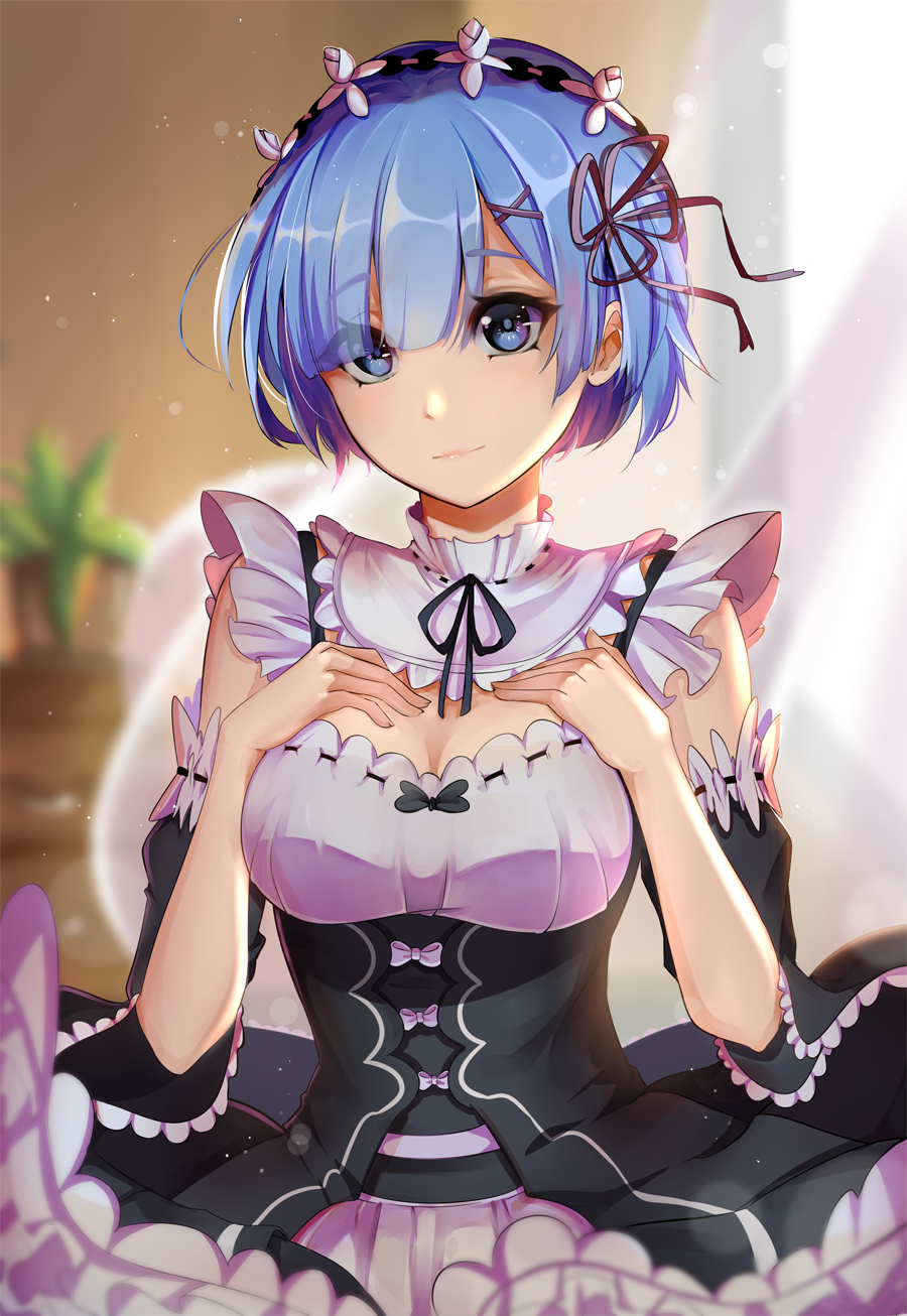 1girl, black_ribbon, blue_eyes, blue_hair, breasts, cleavage, closed_mouth, detached_sleeves