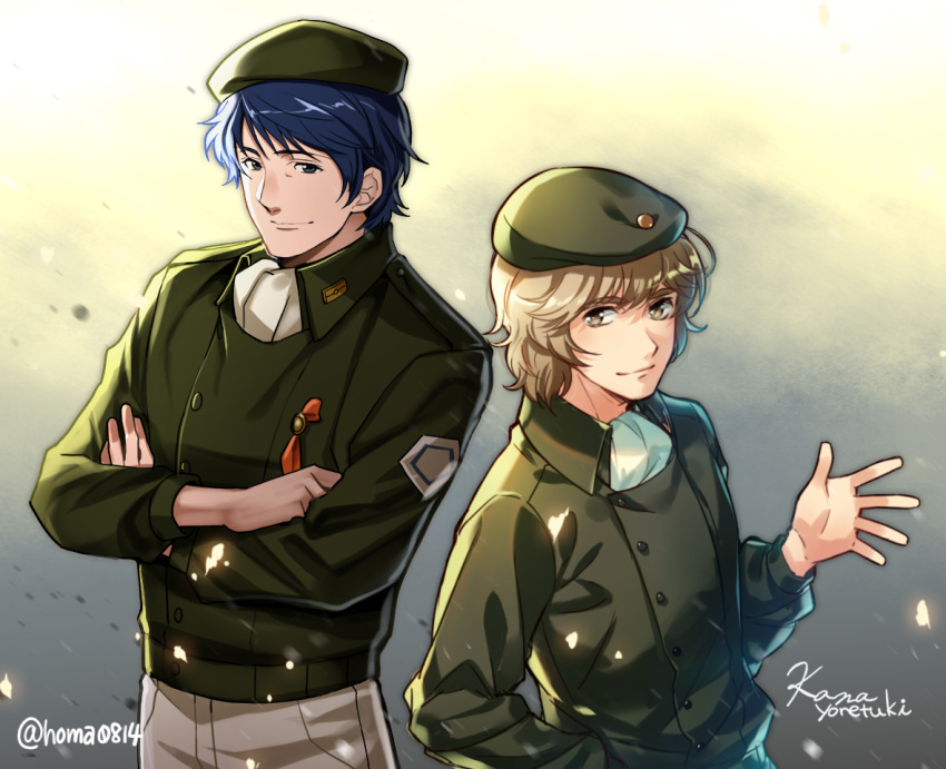 artist_name, blue_hair, brown_eyes, brown_hair, crossed_arms, ginga_eiyuu_densetsu, green_hat, hand_up