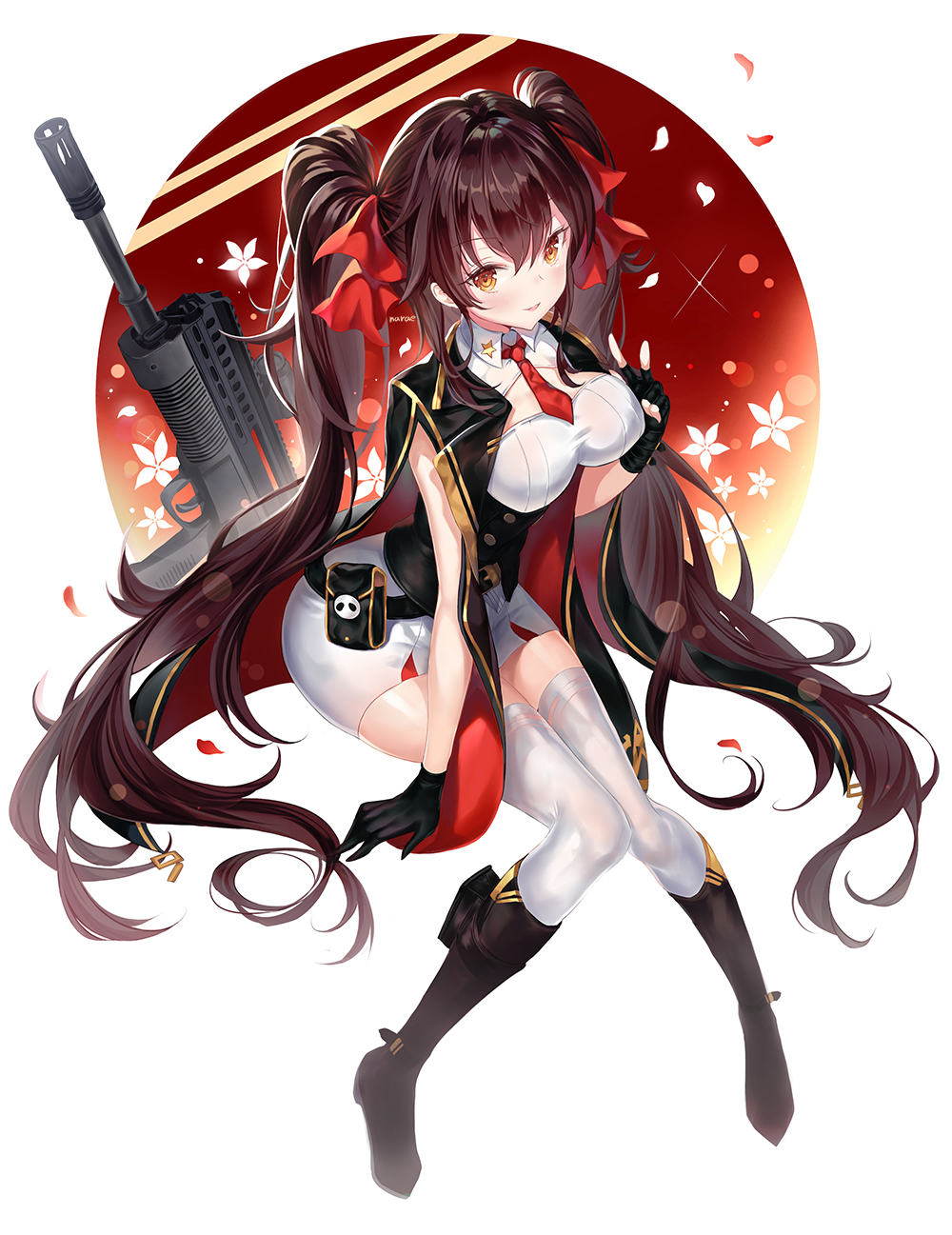 1girl, assault_rifle, black_gloves, boots, breasts, brown_hair, capelet, commentary_request