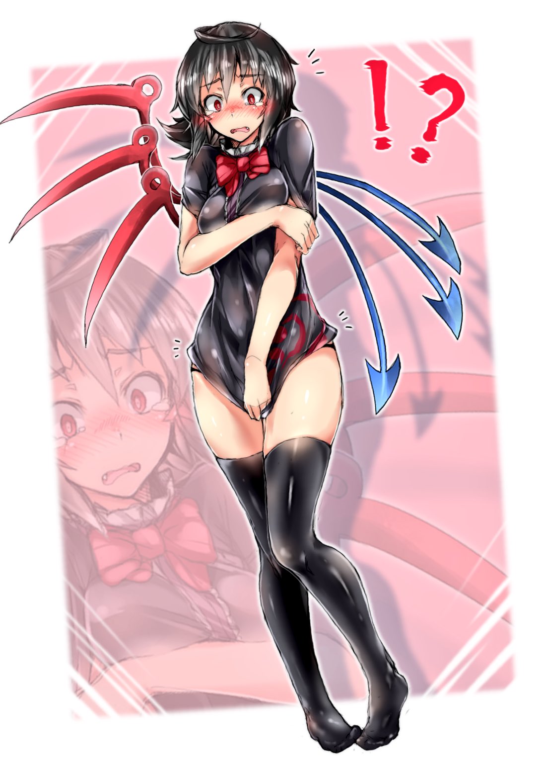 !?, 1girl, asymmetrical_wings, bang, bare_arms, black_hair, black_legwear, black_panties