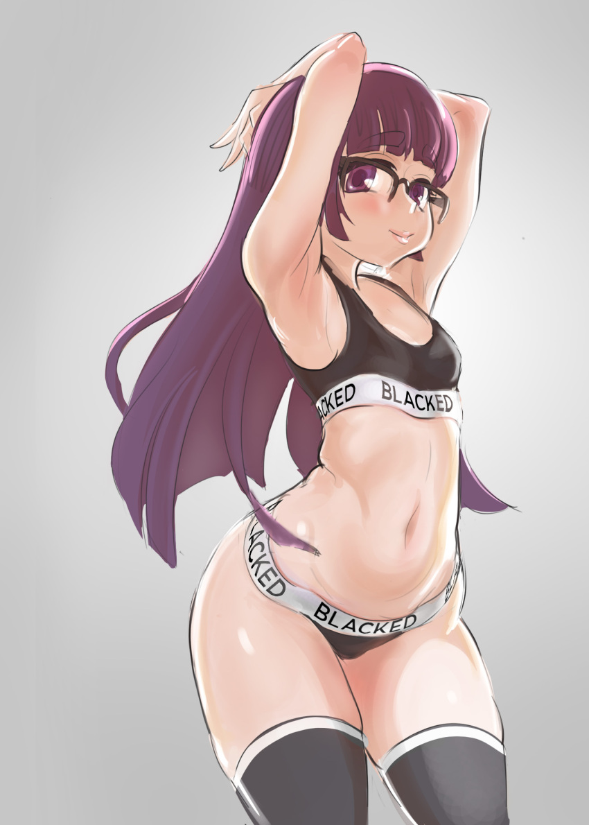 1girl, arched_back, arms_behind_head, bangs, black_bra, black_legwear, black_panties, blackingurwaifu, bra, breasts, closed_mouth, clothes_writing, cowboy_shot, eyebrows_visible_through_hair, glasses, grey_background, highres, long_hair, looking_at_viewer, navel, original, over-rim_eyewear, panties, purple_hair, semi-rimless_eyewear, sketch, skindentation, small_breasts, smile, solo, sports_bra, standing, thigh-highs, thighs, underwear, underwear_only